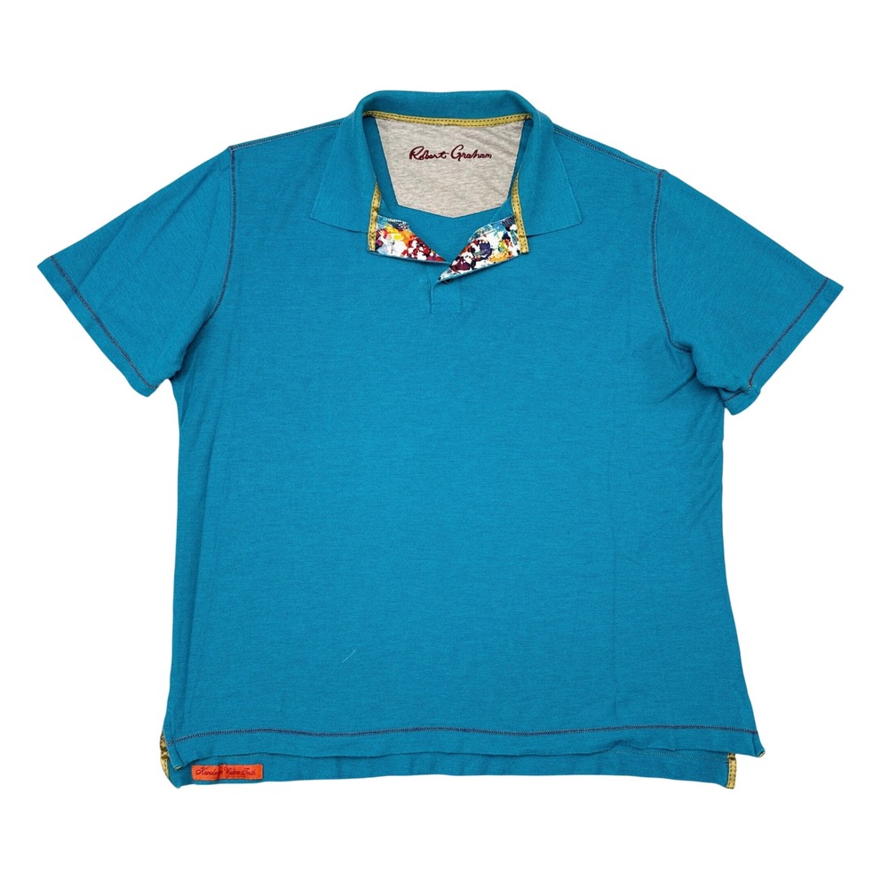 Robert Graham Polo Shirt Mens Size Large Blue Knit Designer Paint Splatter
